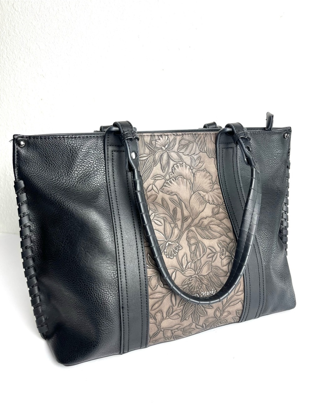 Darcy Marks NEW Black VeganLeather Floral-Panel Tote Elegant Sophisticated Purse